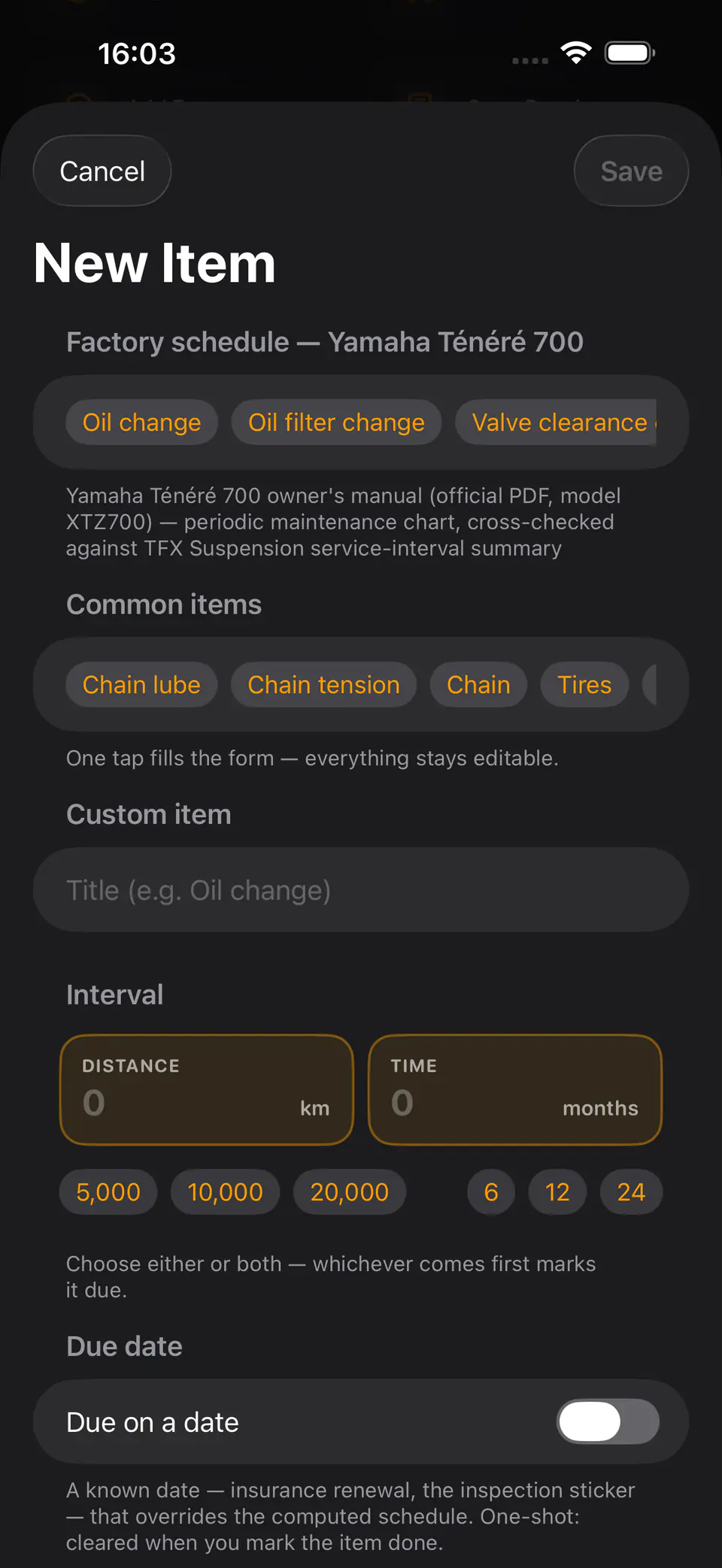 New Item screen in Rydger with factory schedule suggestions for a Yamaha Ténéré 700, such as oil change, oil filter change and valve clearance, and a distance or time interval.