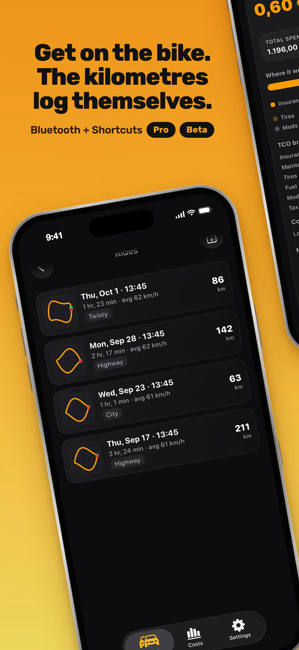 Get on the bike. The kilometres log themselves. Bluetooth + Shortcuts, Pro, Beta. The Rides screen lists recorded rides with their distances.