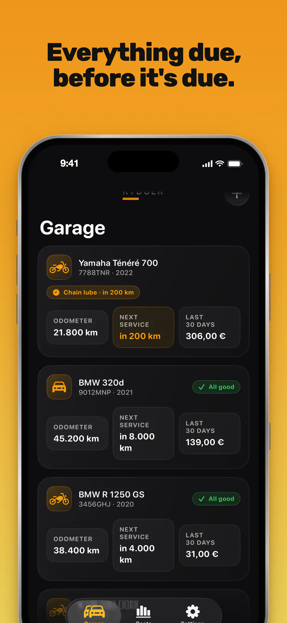 Everything due, before it's due. The garage lists each vehicle with its odometer, next service and recent spending.