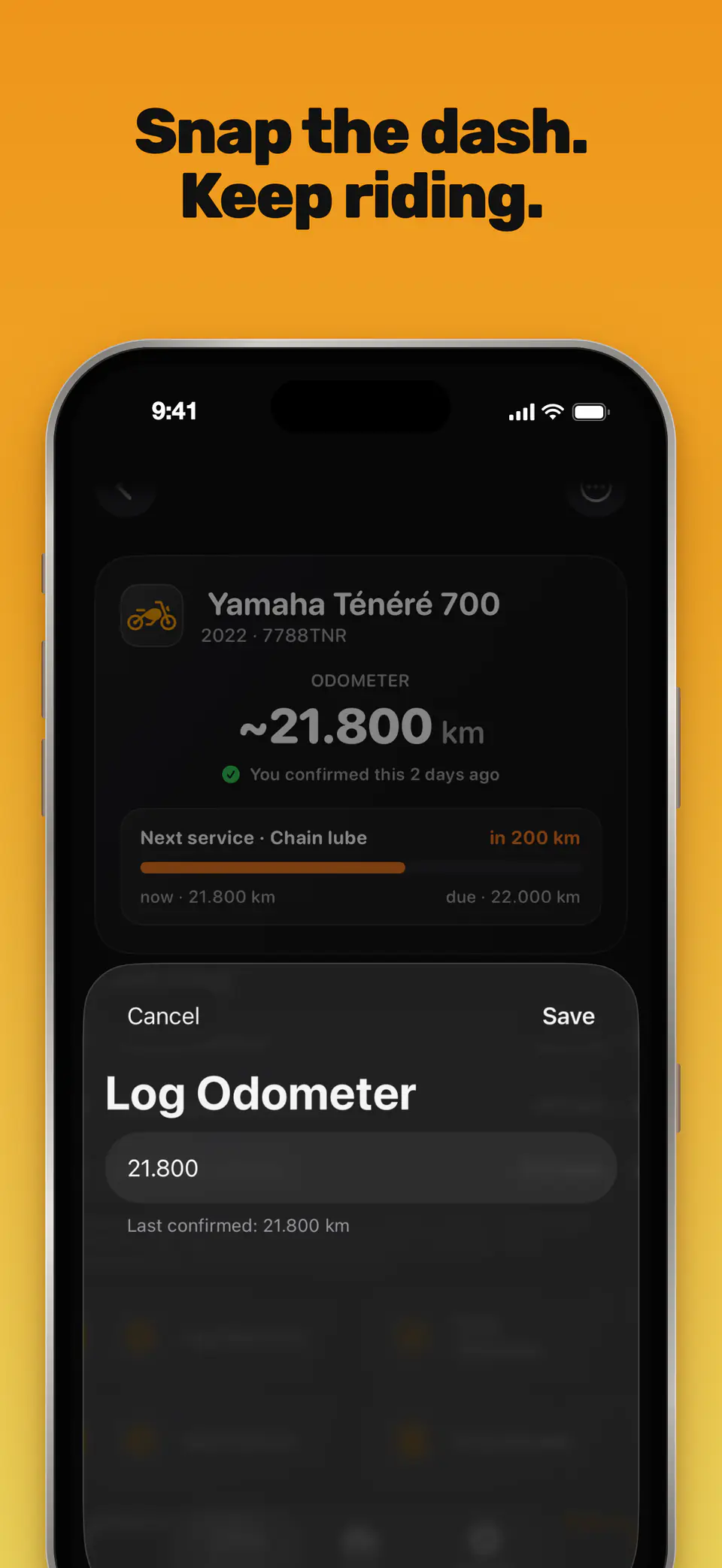 Snap the dash. Keep riding. The Log Odometer sheet with a new reading entered.