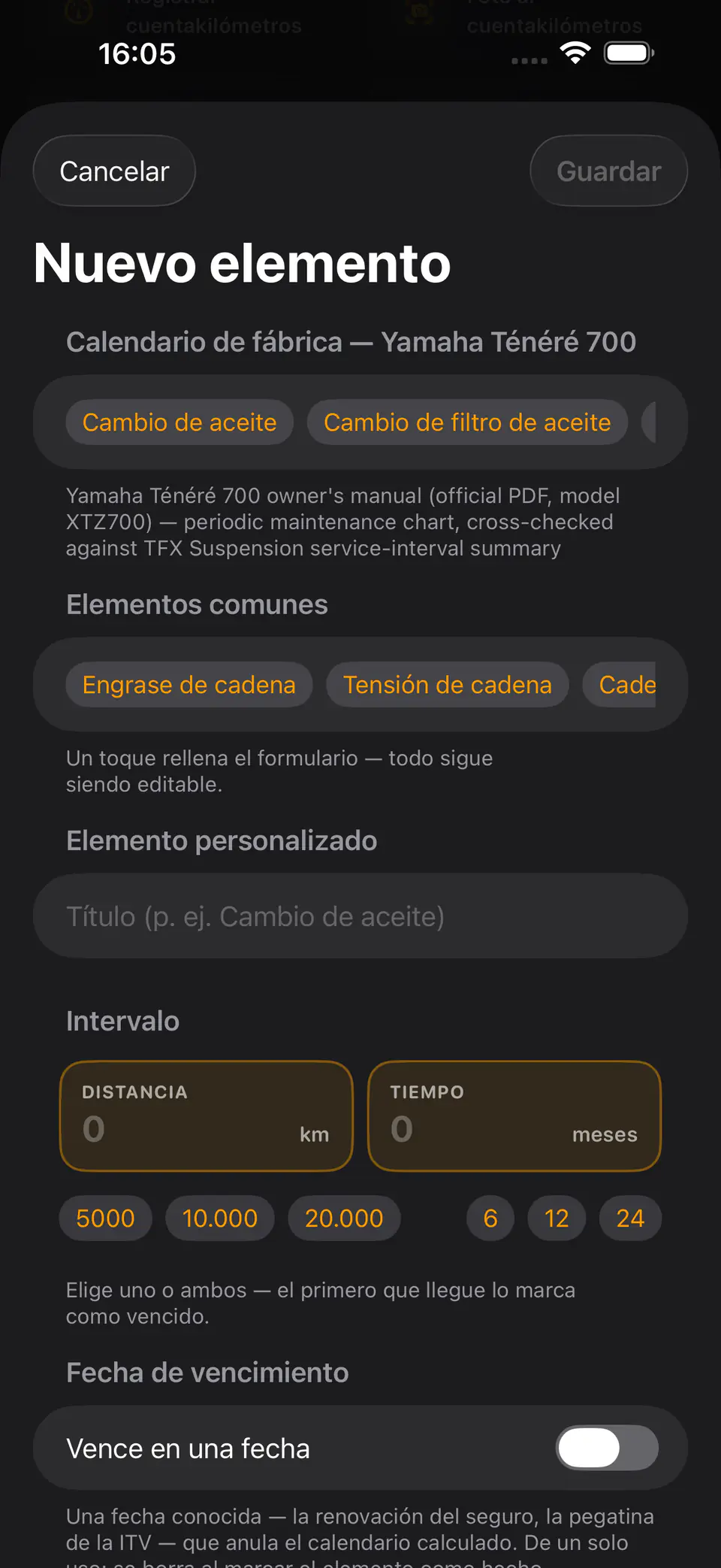 Pantalla Nuevo elemento de Rydger con sugerencias del calendario de fábrica de una Yamaha Ténéré 700, como cambio de aceite, cambio de filtro de aceite y reglaje de válvulas, y un intervalo por kilómetros o por tiempo.